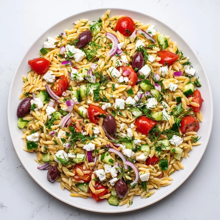 Bright Greek orzo salad with red onion, Kalamata olives, and herbs, served chilled on a rustic wooden board.  