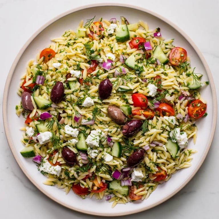 Colorful Mediterranean orzo pasta salad with tomatoes, cucumber, and feta, perfect for summer potlucks or a refreshing lunch.