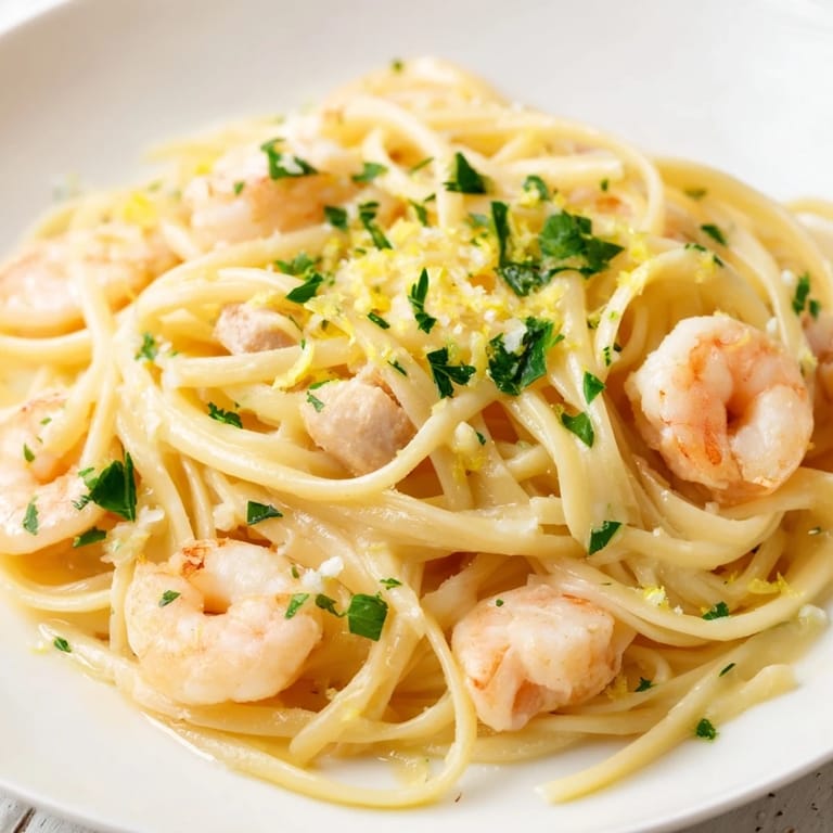 Hearty Lemon Garlic Shrimp & Chicken Pasta features pan-seared chicken and succulent shrimp tossed with linguine in a glossy garlic-lemon butter sauce.  