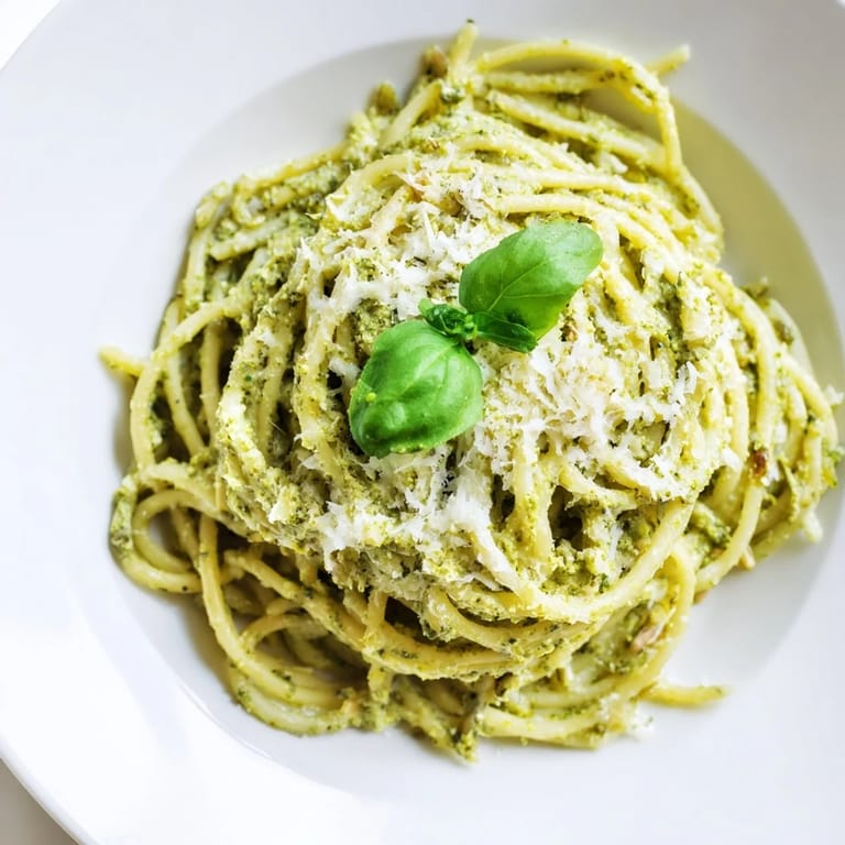 Close-up of Creamy Sunflower Seed Pesto Pasta twirled on a fork, steam rising from the plate.