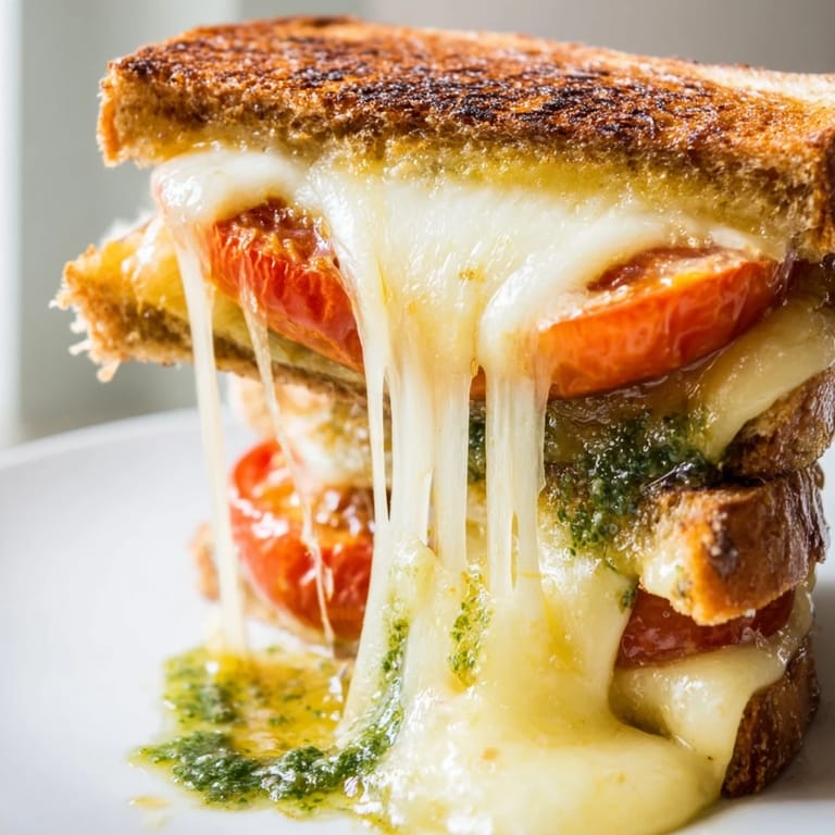 Close-up of Roasted Tomato Pesto Grilled Cheese with gooey cheese pull, crispy sourdough crust, and vibrant roasted tomatoes and spinach.  