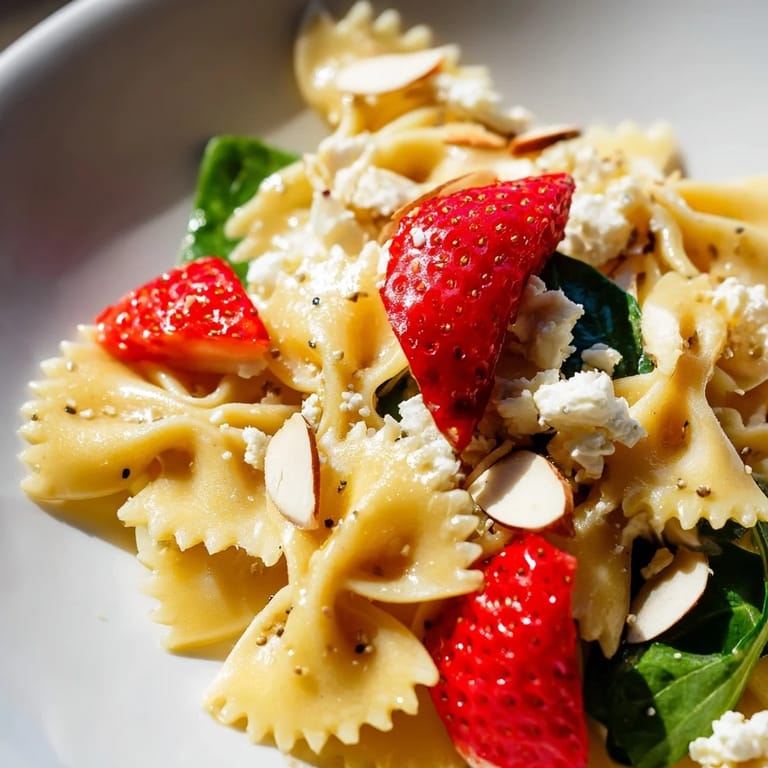 A close-up of Spring Spinach Strawberry Pasta Salad garnished with toasted almonds and feta, perfect for a sunny picnic.
