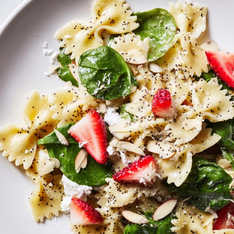 Tender farfalle pasta cradling fresh spinach leaves and ruby strawberries, drizzled with tangy poppy seed dressing for spring.