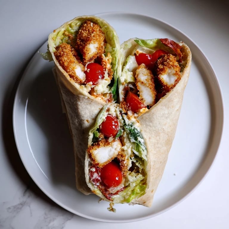 Freshly assembled Hot Honey Chicken Caesar Wrap cut in half, revealing layers of crunchy chicken and tossed Caesar greens.
