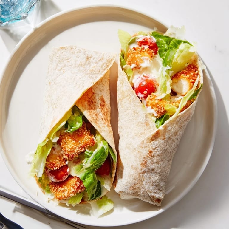 A handheld Hot Honey Chicken Caesar Wrap filled with creamy romaine, Parmesan, and drizzled with bold sweet-spicy glaze.  