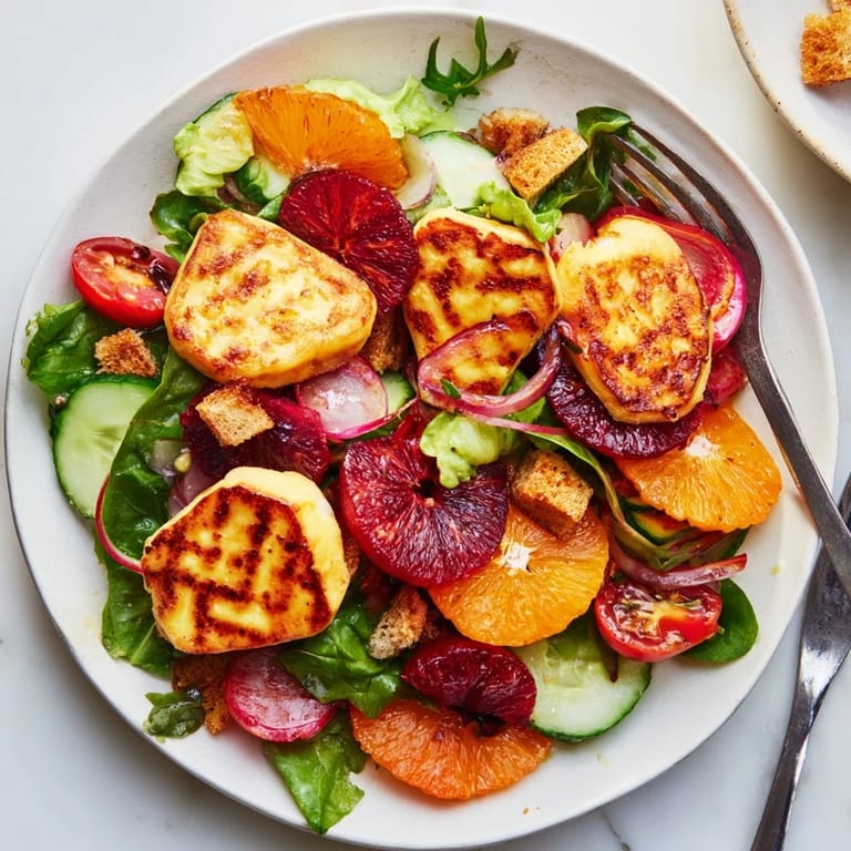 Halloumi blood orange fattoush salad, a vibrant vegetarian Middle Eastern dish with fresh greens and sumac vinaigrette.