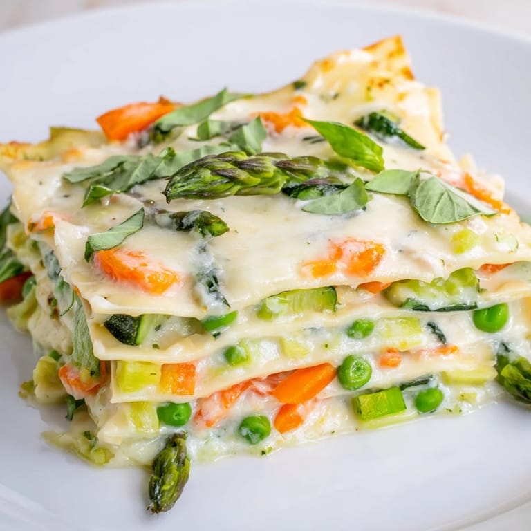Spring Veggie Alfredo Lasagna shows bubbly cheese topping and colorful carrots on a white plate.