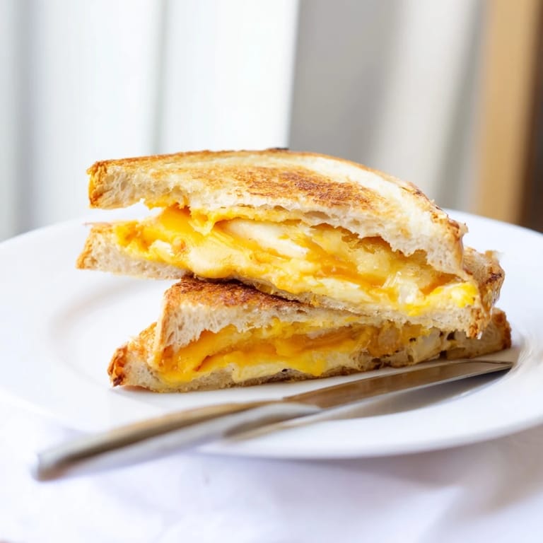 A close-up of a Triple Cheese Sourdough Grilled Cheese sandwich shows bubbling mozzarella and sharp cheddar oozing from between buttery, toasted sourdough slices.