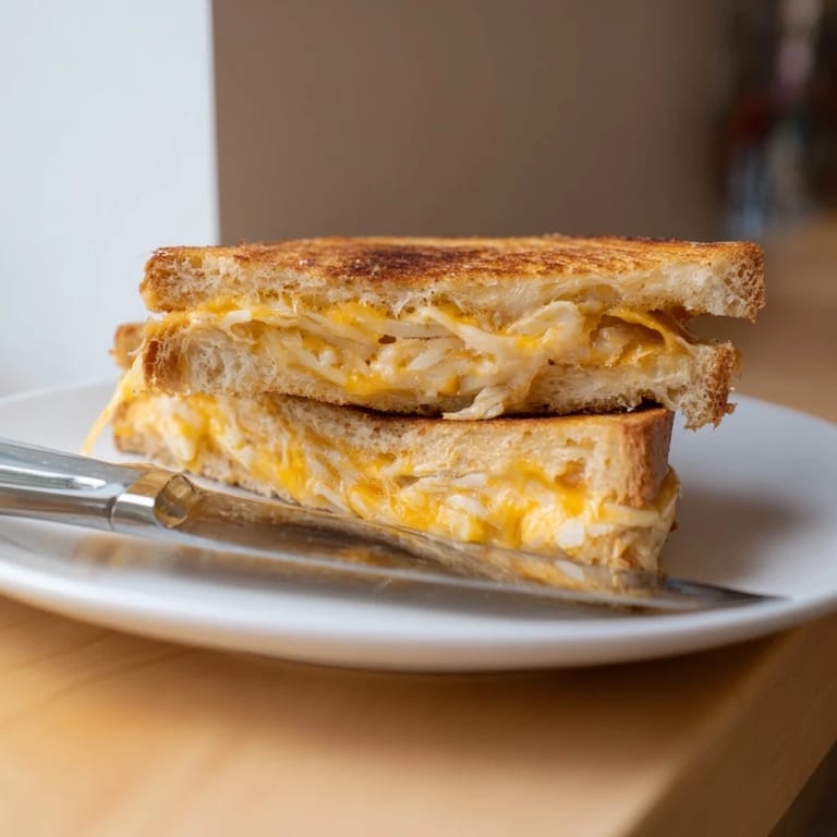 The Triple Cheese Sourdough Grilled Cheese is sliced diagonally, highlighting the stretchy provolone and cheddar layers, perfect alongside a bowl of tomato soup.