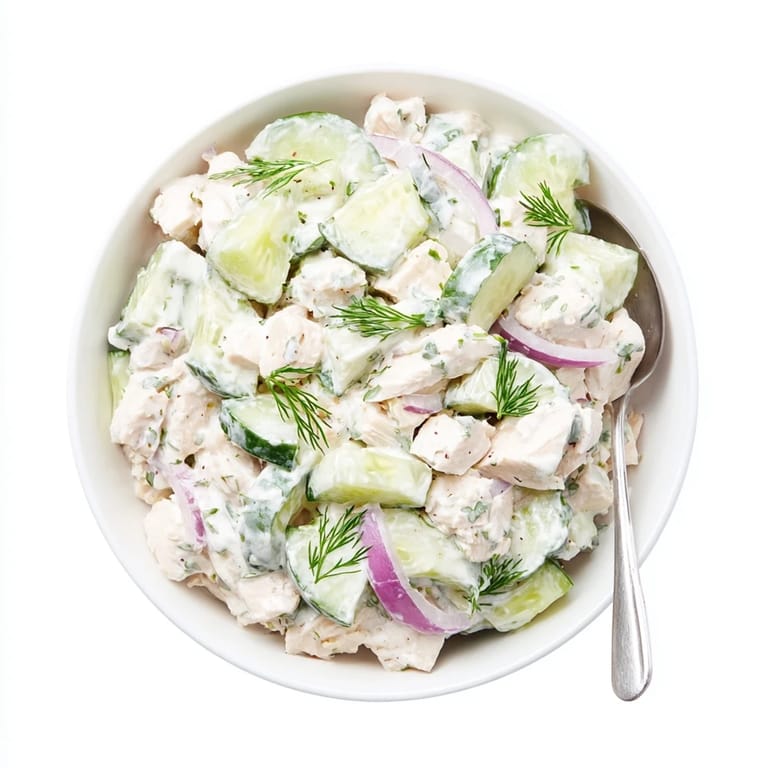 A close-up of Creamy Cucumber Chicken Salad garnished with fresh dill and green onions for a light summer lunch.  