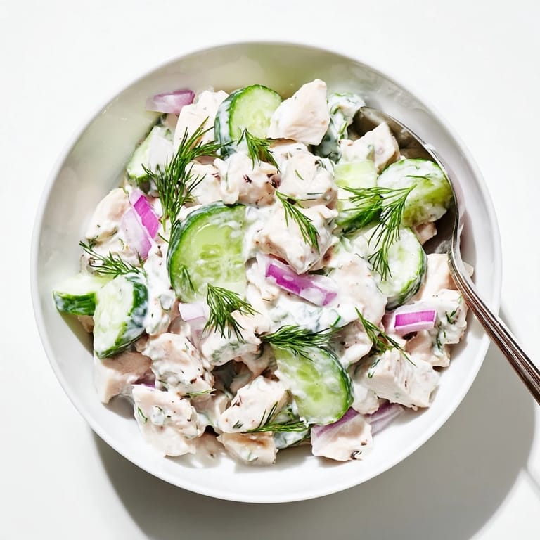 Creamy Cucumber Chicken Salad on whole-grain bread with extra dill, showcasing a refreshing, protein-packed meal.