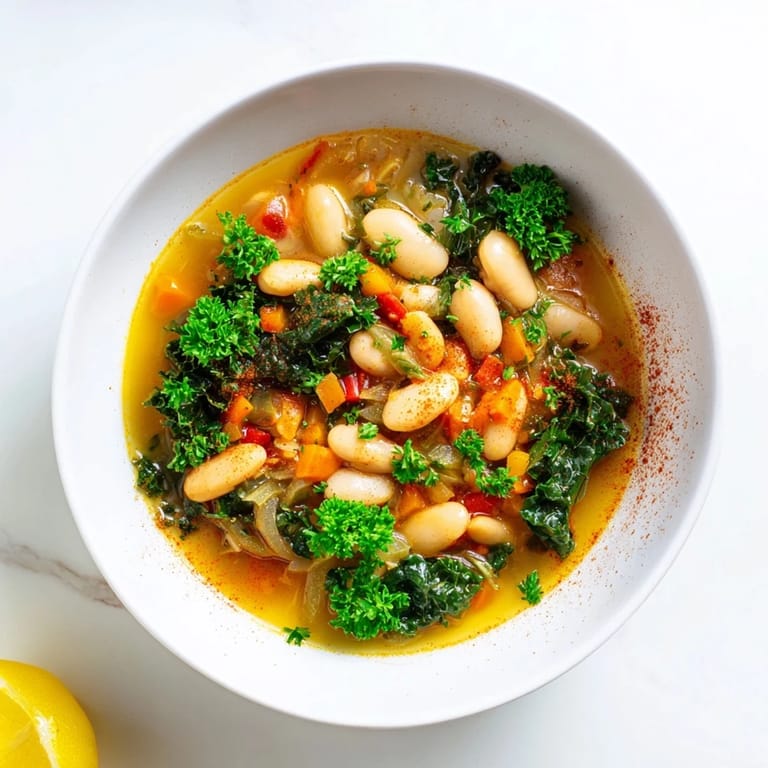Close-up view of Mediterranean White Bean Stew served in a rustic bowl, topped with a drizzle of olive oil and fresh herbs.