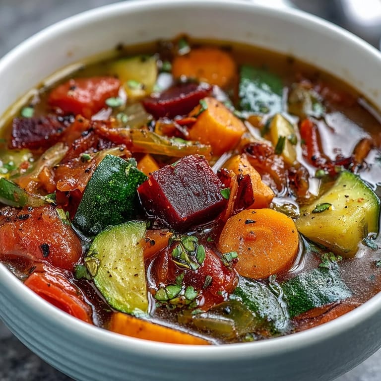 Colorful Rainbow Vegetable Detox Soup simmering in a pot, showcasing vibrant chunks of tomato, bell pepper, and onion in a clear broth.