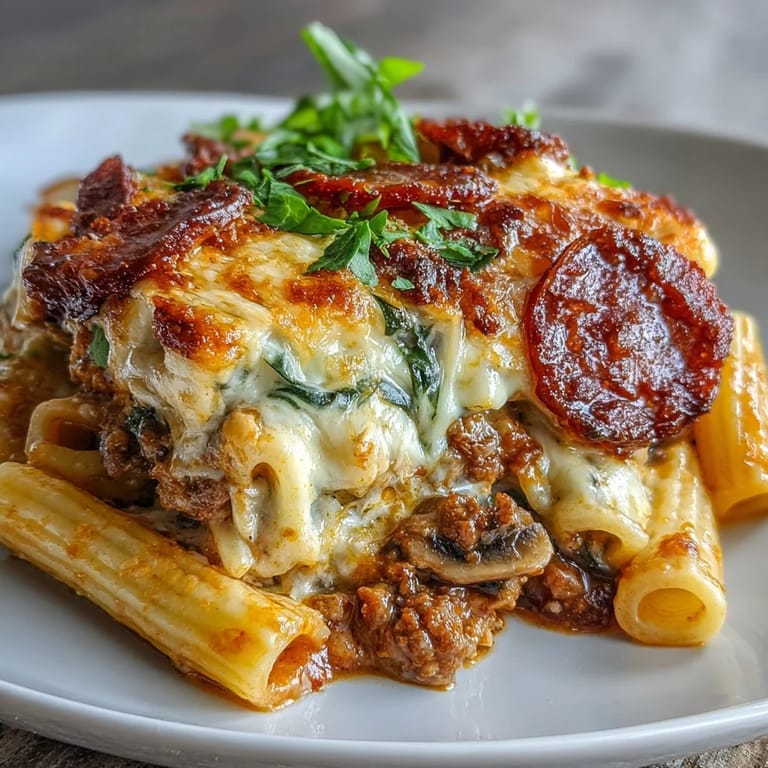 The High Protein Italian Beef and Pasta Bake, a hearty one-dish meal with whole wheat penne, lean ground beef, and fresh basil garnish.  
