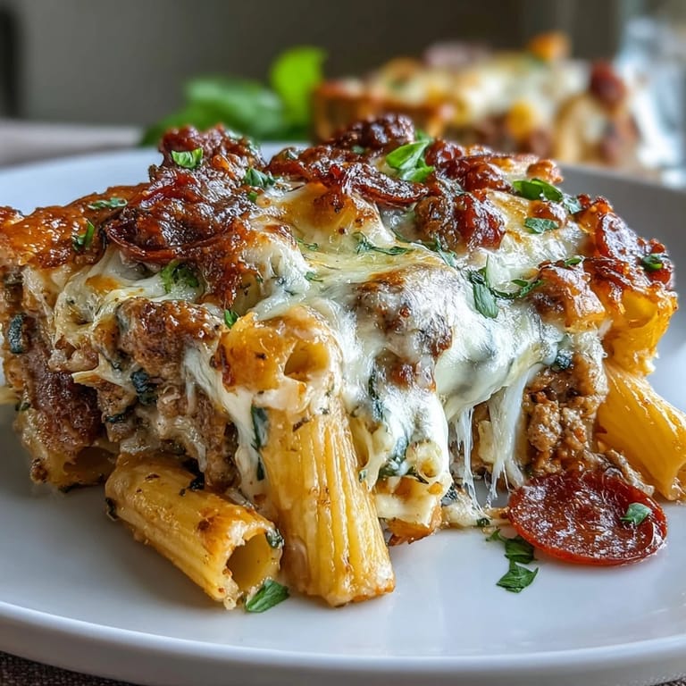 A golden-brown, pizza-inspired High Protein Italian Beef and Pasta Bake, topped with turkey pepperoni slices and baked to perfection in a ceramic dish.