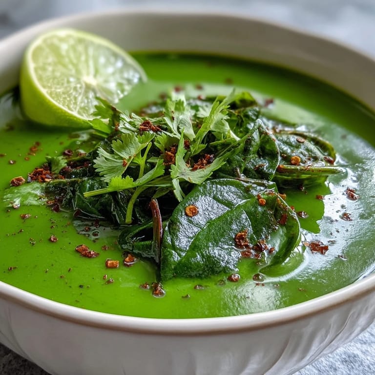 Overhead view of Spinach Coriander Lemongrass Soup in a rustic pot, vibrant green color, with a spoon and extra lime for a fresh touch.