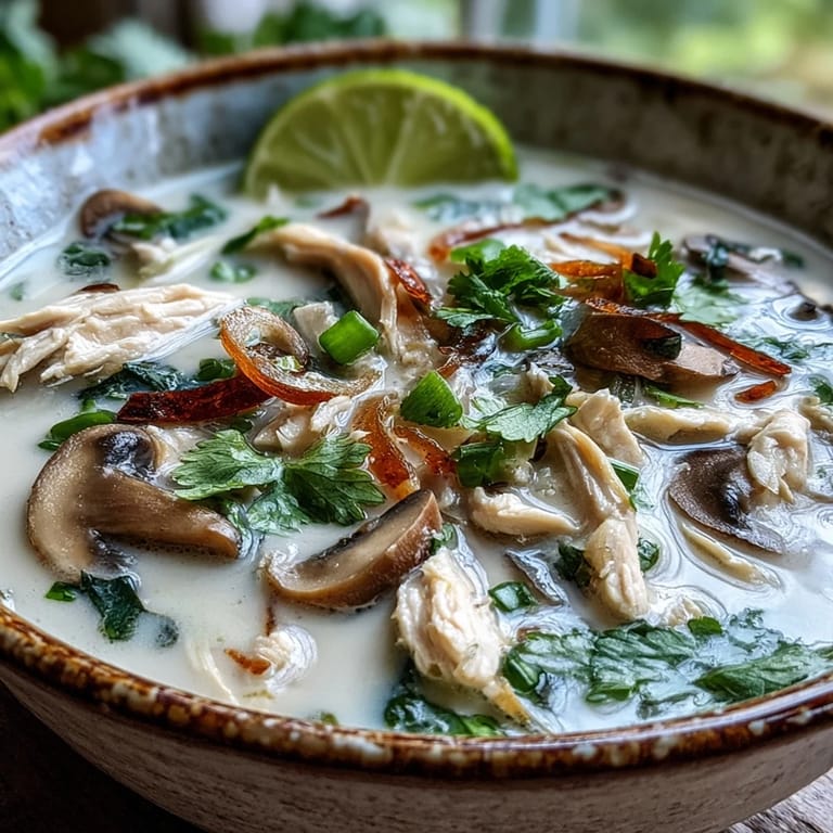 Warm comfort food: authentic Tom Kha Gai with tender chicken slices, straw mushrooms, and vibrant Thai herbs in broth.