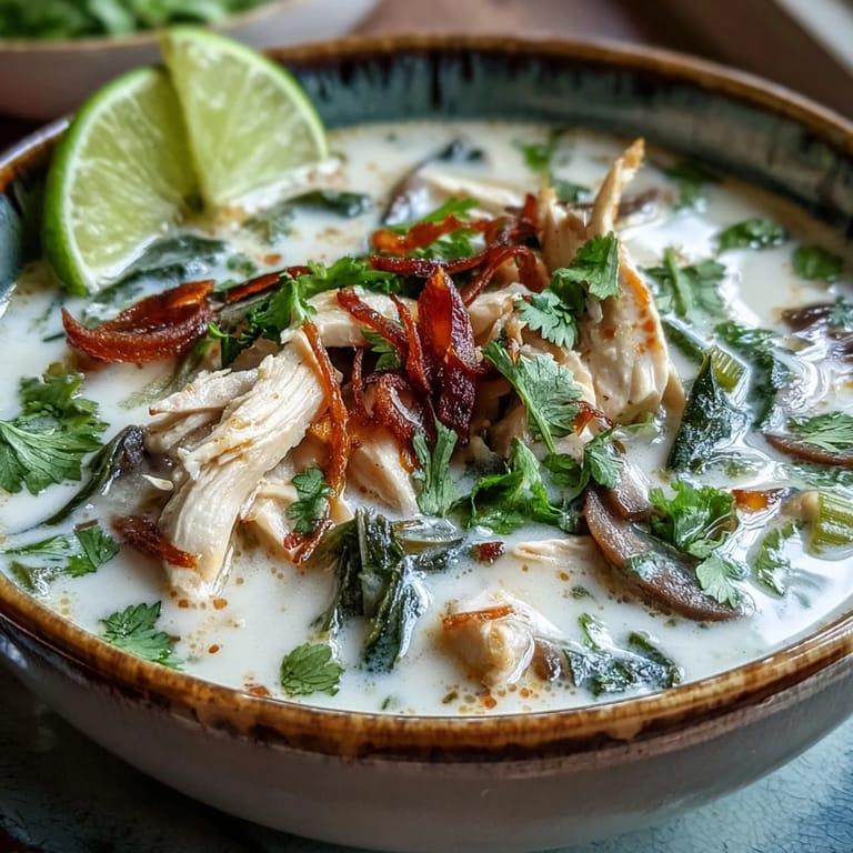 Fragrant Thai aromatics float in this authentic Tom Kha Gai, garnished with fresh cilantro and lime wedges for serving.  