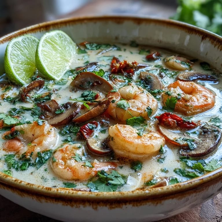 Thai Coconut Shrimp Soup simmering with creamy coconut milk, mushrooms, and red curry paste.