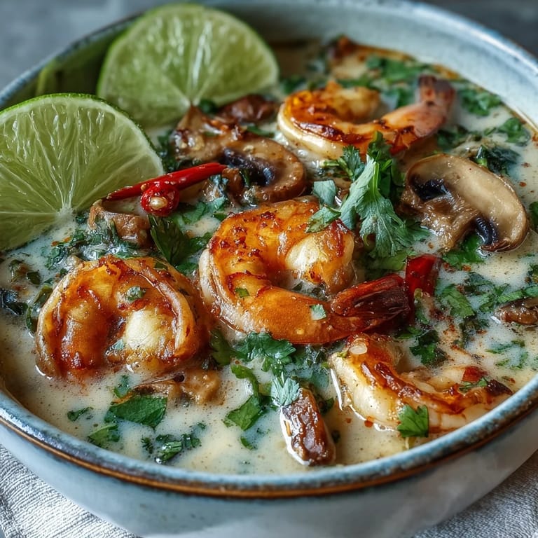 Spoon lifting tender shrimp from Thai Coconut Shrimp Soup with fresh herbs and steam.