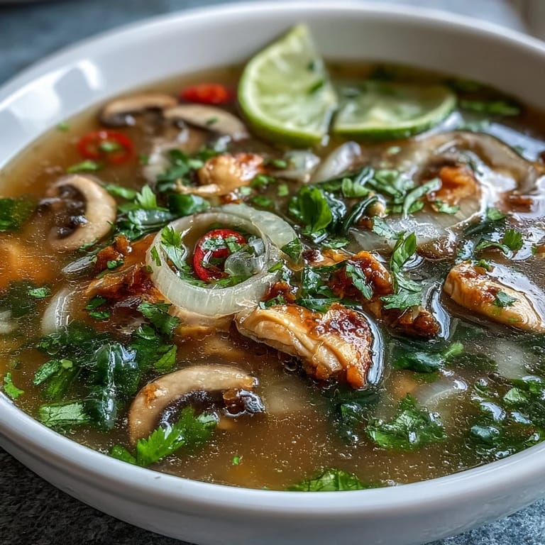 Close-up of Tom Yum Chicken garnished with cilantro and spring onions, served alongside lime wedges and fluffy white rice.