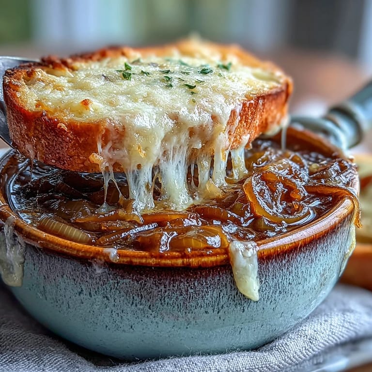 Hearty French Onion Soup served bubbling hot, featuring deeply caramelized onions and a toasted bread crouton under rich Gruyère.