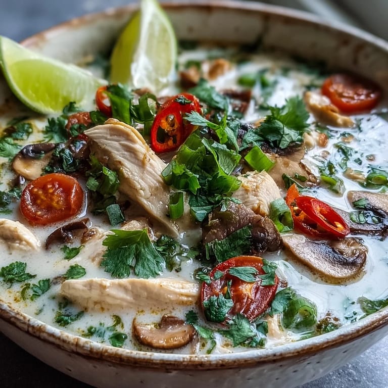 Best Ever Tom Kha Gai Soup garnished with cilantro, lime wedges, and chilies.