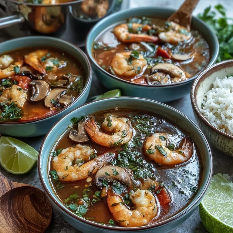 Spicy and sour Tom Yum Soup served hot with bright red chiles and lime wedges.