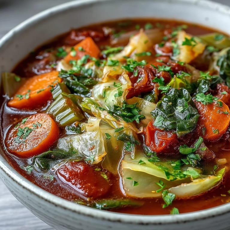 A ladle pours Classic Cabbage Soup, garnished with fresh parsley, served alongside crusty bread for a wholesome meal.