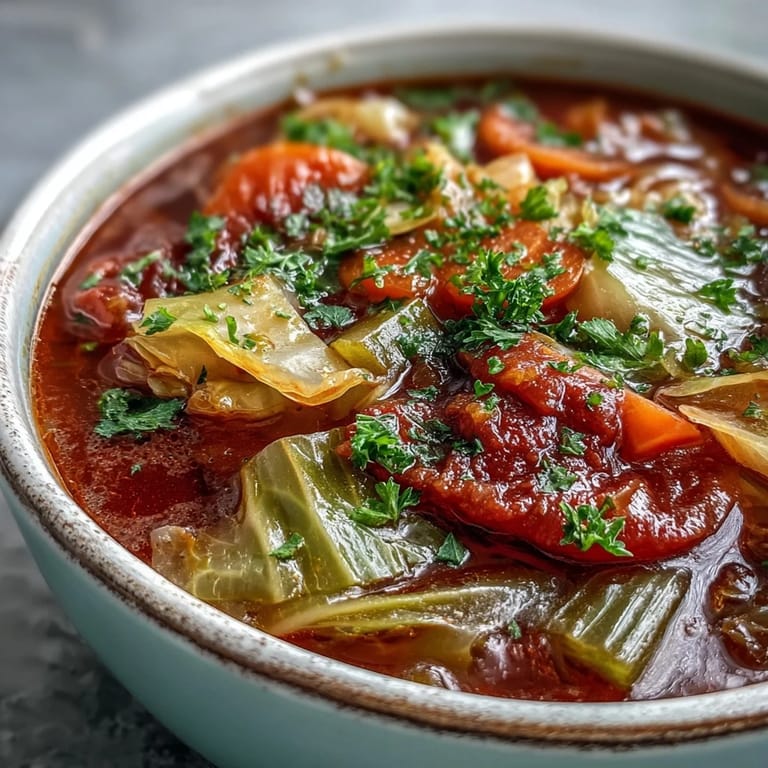 Healthy, vegetarian Classic Cabbage Soup in a rustic mug, showcasing vibrant chopped vegetables simmering in savory broth.