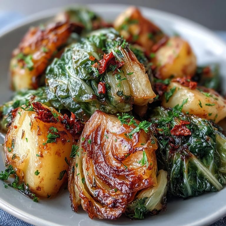 A close-up of Braised Cabbage With Potatoes and Chili reveals steam rising from the soft cabbage and potatoes, perfect for a cozy vegetarian dinner.