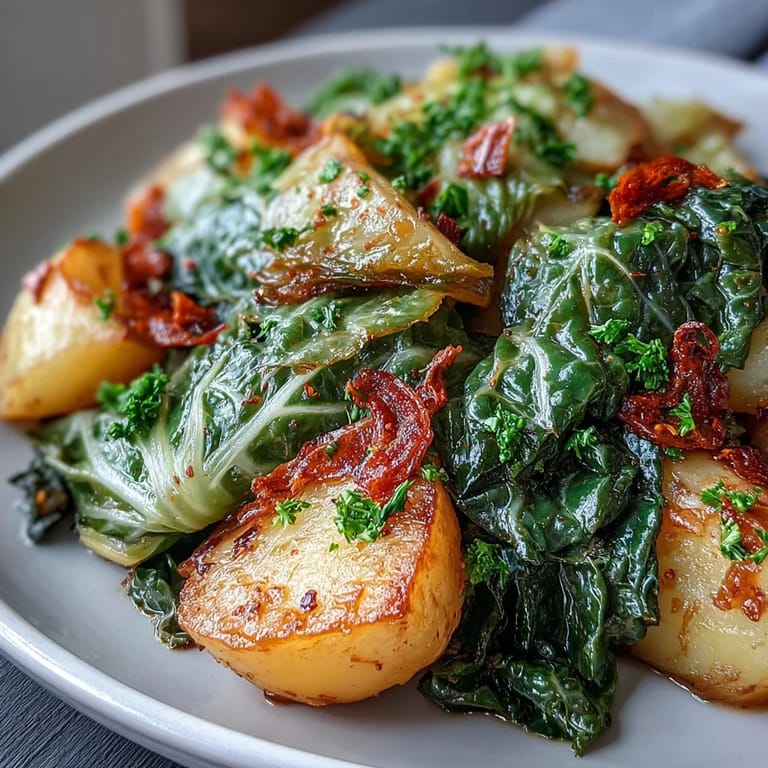 Hearty Braised Cabbage With Potatoes and Chili plated with crusty bread, showcasing savory spices and gentle chili warmth for a comforting weeknight meal.