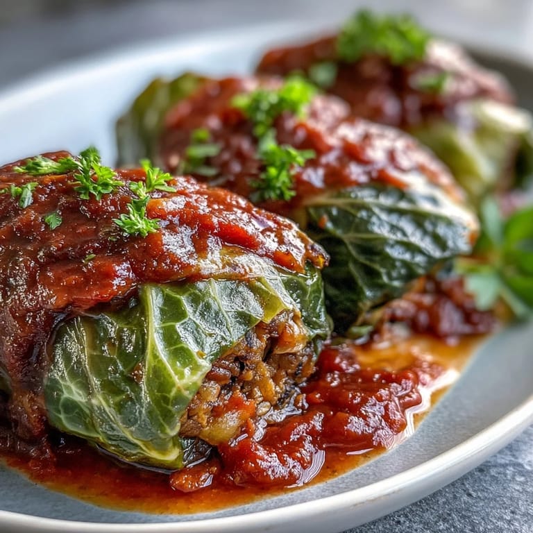 A delicious close-up of Baked Vegan Cabbage Rolls, showing tender green cabbage wrapped around a hearty lentil and brown rice filling.