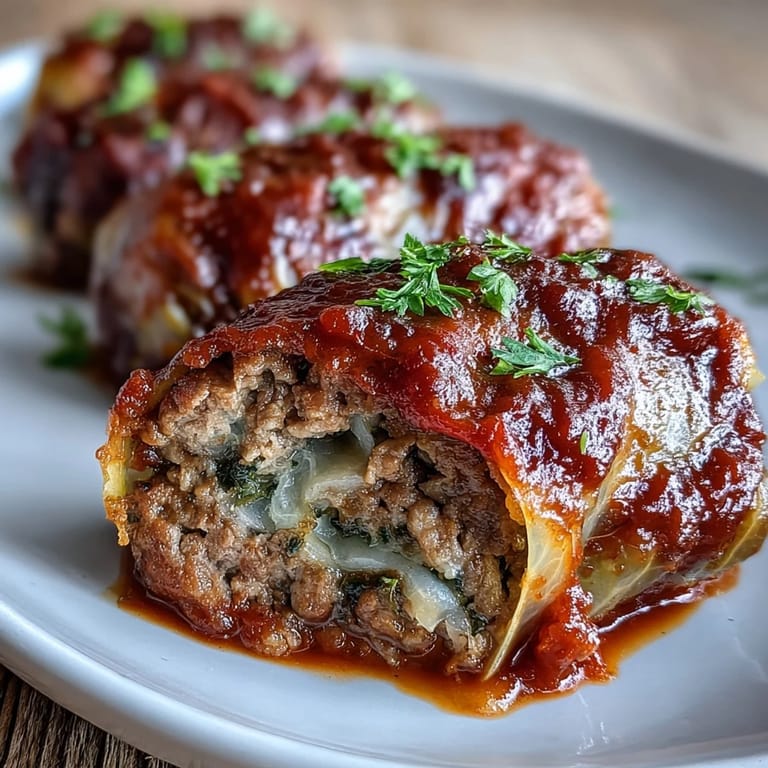 Hearty cabbage rolls topped with thick, savory tomato sauce, bubbling and ready to serve for dinner.