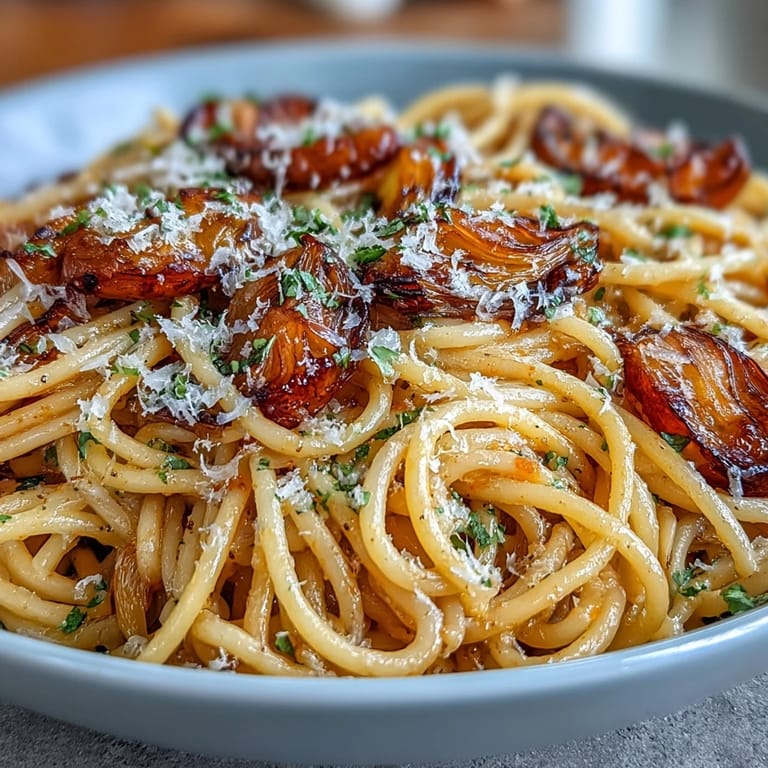 Close-up of golden Cabbage Pasta With Garlic and Parmesan with caramelized cabbage leaves and freshly grated Parmesan.