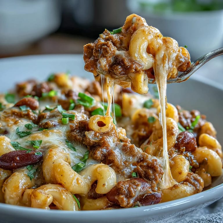 A hearty One-Pan High Protein Chili Mac with ground beef, macaroni, and beans in a rustic bowl.