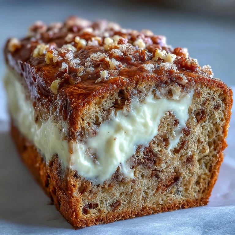 Golden brown top of freshly baked Cream Cheese Cinnamon Swirl Banana Bread resting on a wire cooling rack.