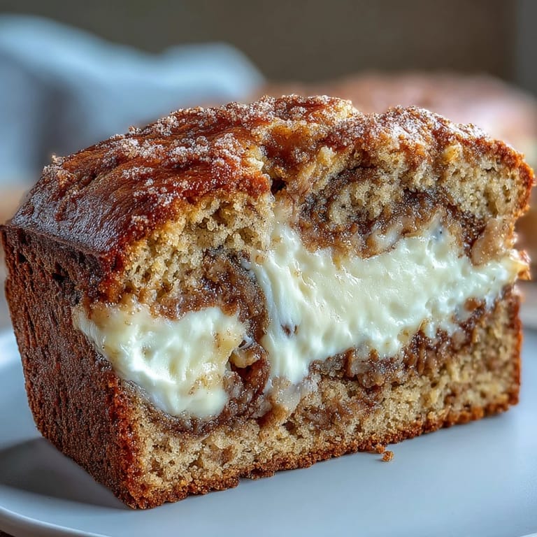 Whole loaf of Cream Cheese Cinnamon Swirl Banana Bread on a rustic wooden board with sliced bananas nearby.