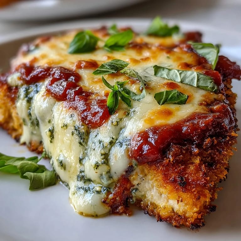 Sizzling Pesto Chicken Parmesan emerging from the oven, featuring golden crusts, gooey cheese pull, and a colorful marinara and pesto topping.