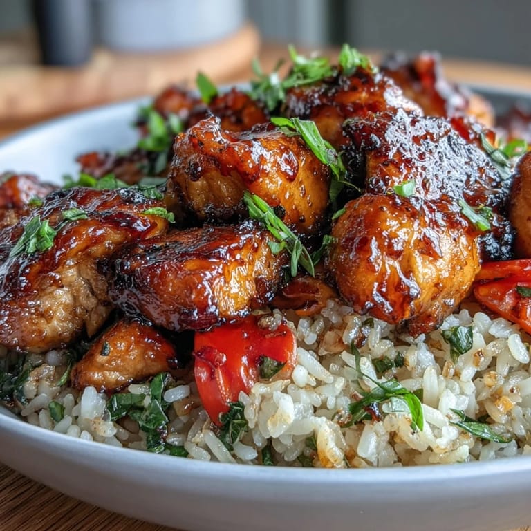 One-Pan Bold Honey BBQ Chicken Rice served family-style, garnished with fresh cilantro and lime wedges.