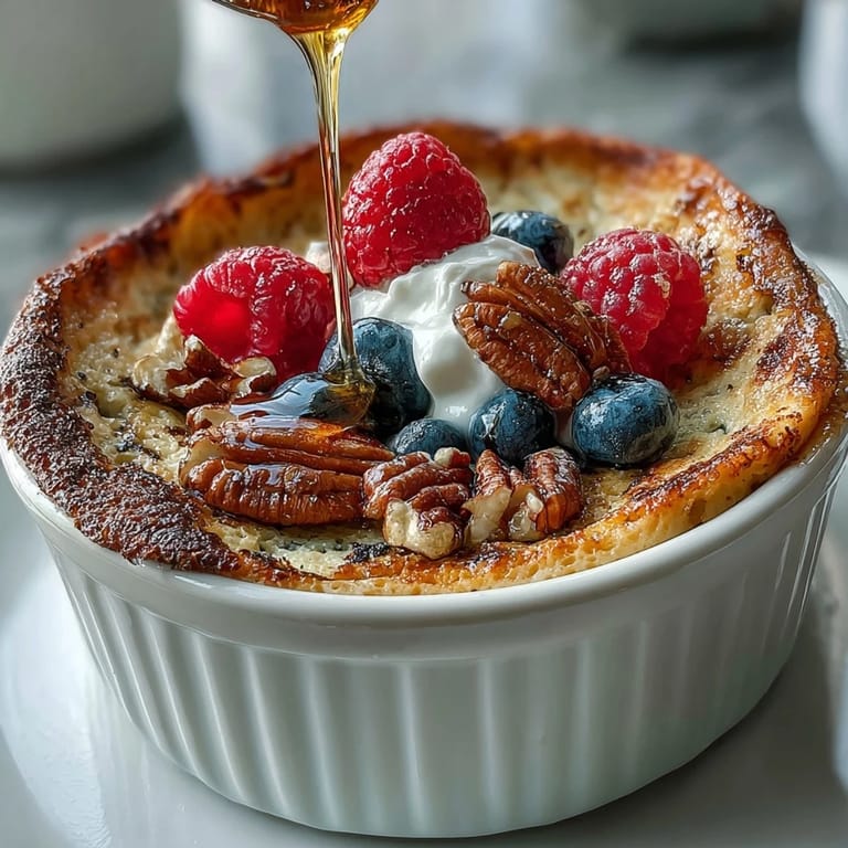 The fluffy, high-protein pancake bowl is served warm with a dollop of yogurt and chopped nuts for added texture.
