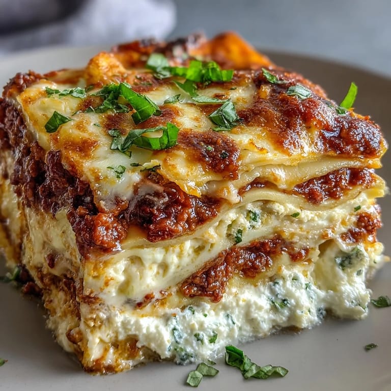 Fresh basil garnish accents a warm slice of Worlds Best Lasagna, paired with red wine on the table.