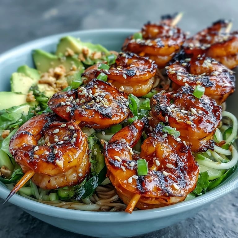 A close-up of Grilled Shrimp Asian Noodle Bowl with sesame noodles and crisp veggies, perfect for dinner.