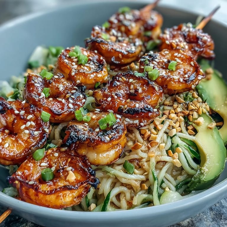 Easy Grilled Shrimp Asian Noodle Bowl with charred shrimp, cucumbers, and bean sprouts ready to be served.