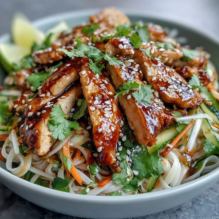 A fresh Asian Chicken Noodle Bowl with colorful vegetables and a glossy savory-sweet sauce.