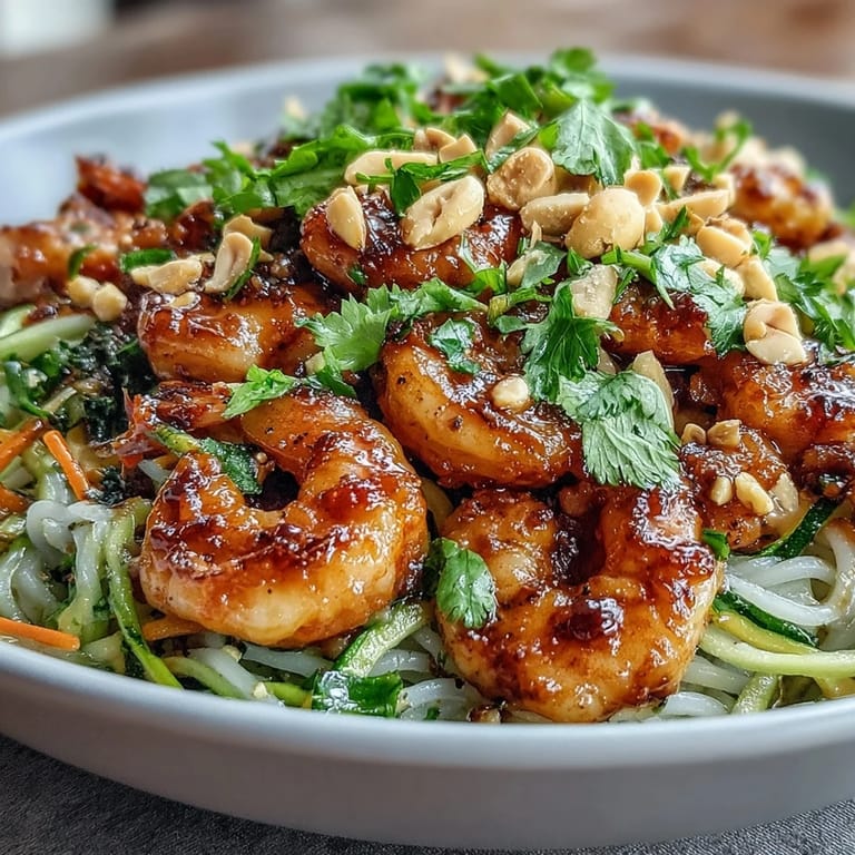 Steaming Asian Noodle Bowl featuring tender shrimp, julienned vegetables, and rice noodles garnished with fresh herbs and peanuts.