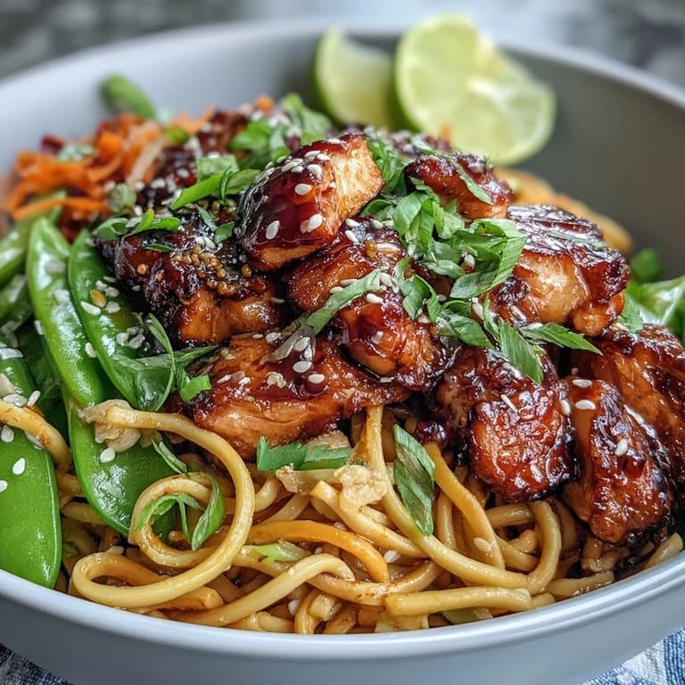 A generous serving of Sesame Chicken Noodle Bowl with chopsticks lifting noodles near a lime wedge.