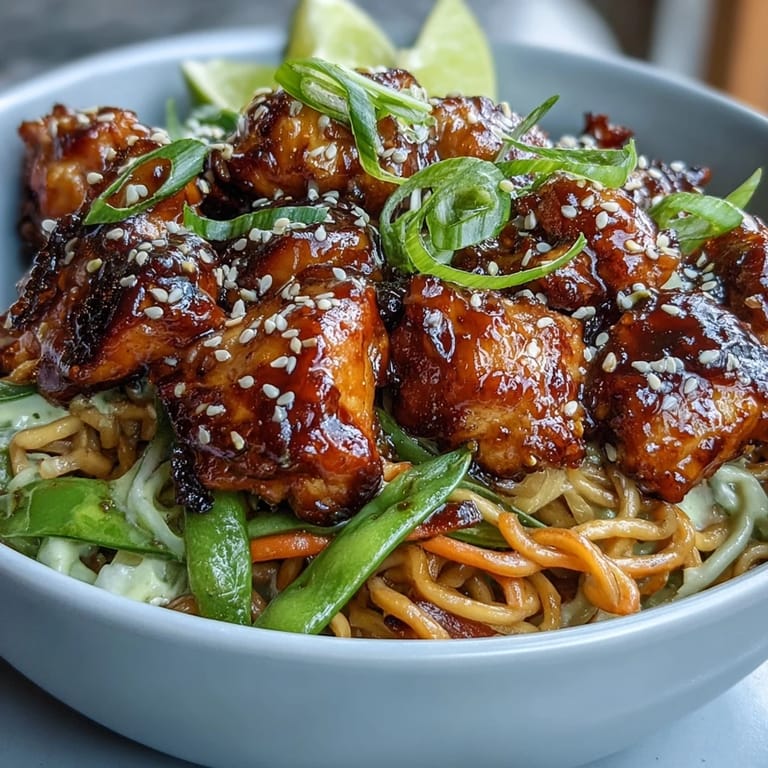 Top-down view of Sesame Chicken Noodle Bowl featuring colorful vegetables, toasted sesame seeds, and glossy sauce.