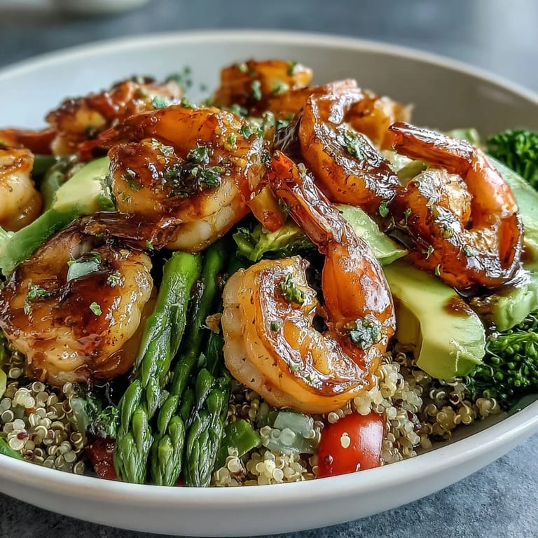 Colorful ingredients for the Rainbow Vegetable Detox Bowl arranged neatly on a wooden board, featuring raw shrimp, fresh broccoli, asparagus, and ripe avocado.