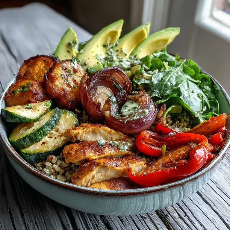 Colorful paprika roasted vegetable quinoa bowl with fluffy quinoa and crisp lemon salad.